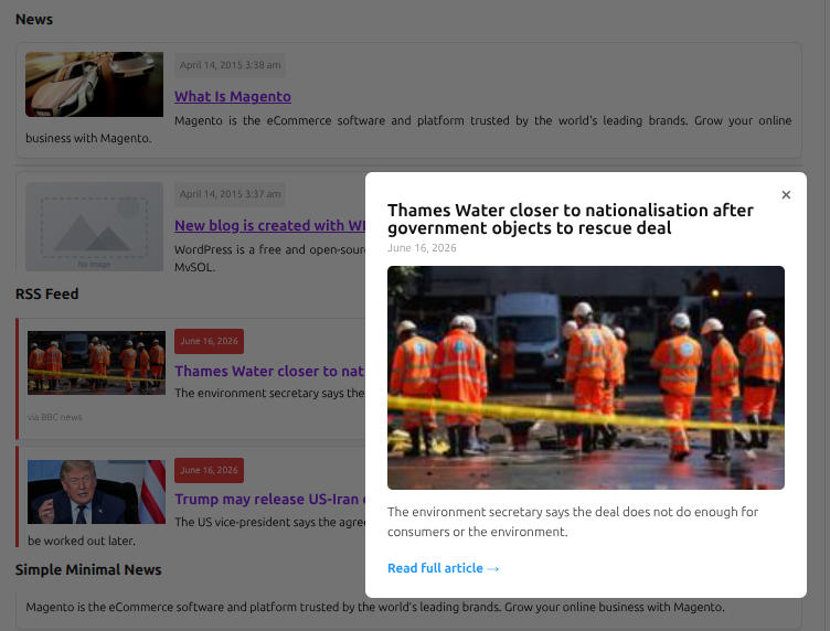 Lightbox preview popup showing a news headline, image, and read full article link