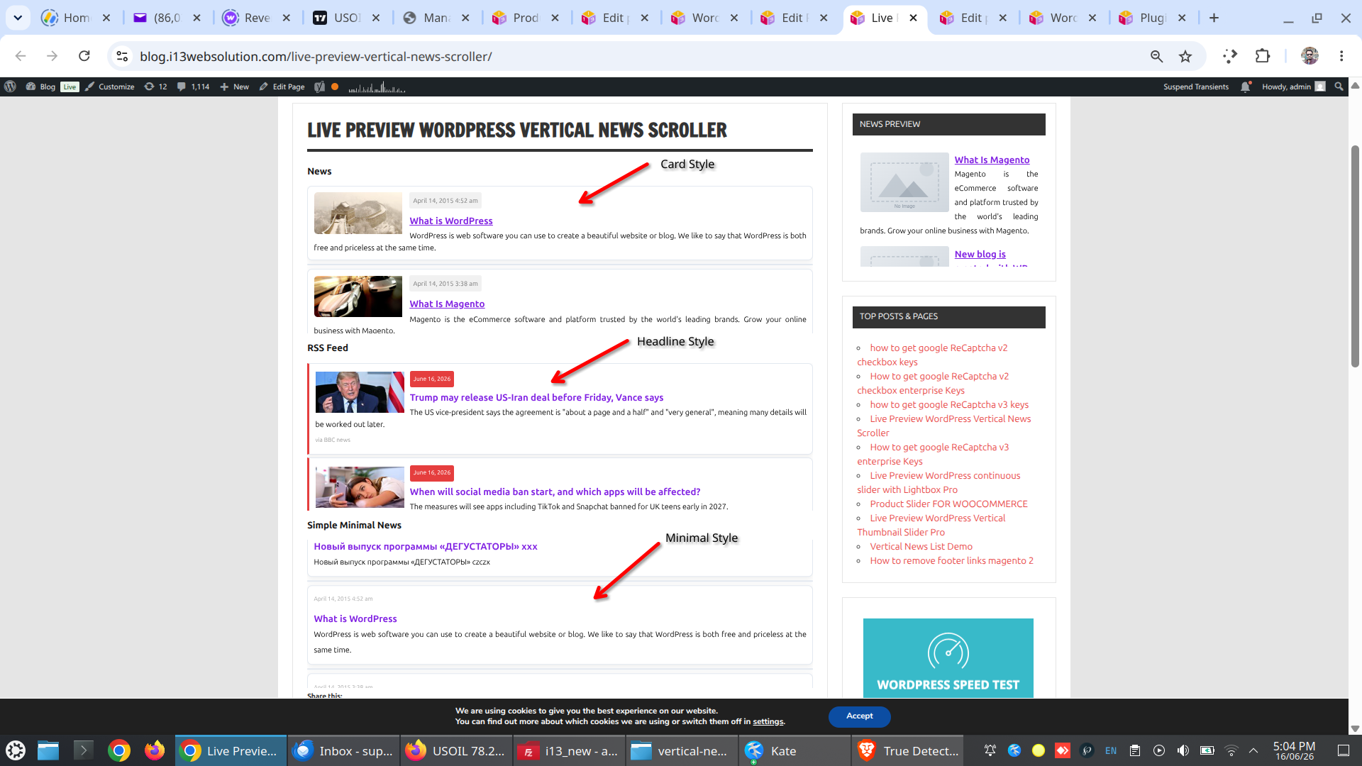 Four visual style presets for WordPress news scroller: default, card, minimal, and headline
