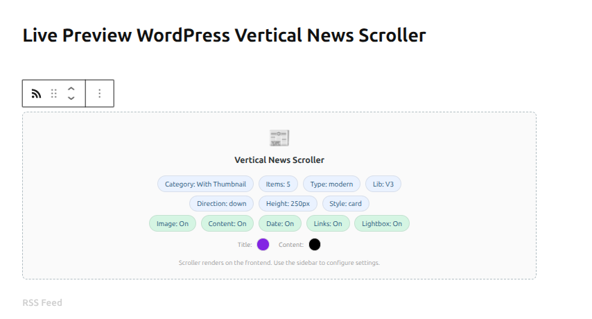 WordPress Gutenberg block editor showing News Scroller block settings panel