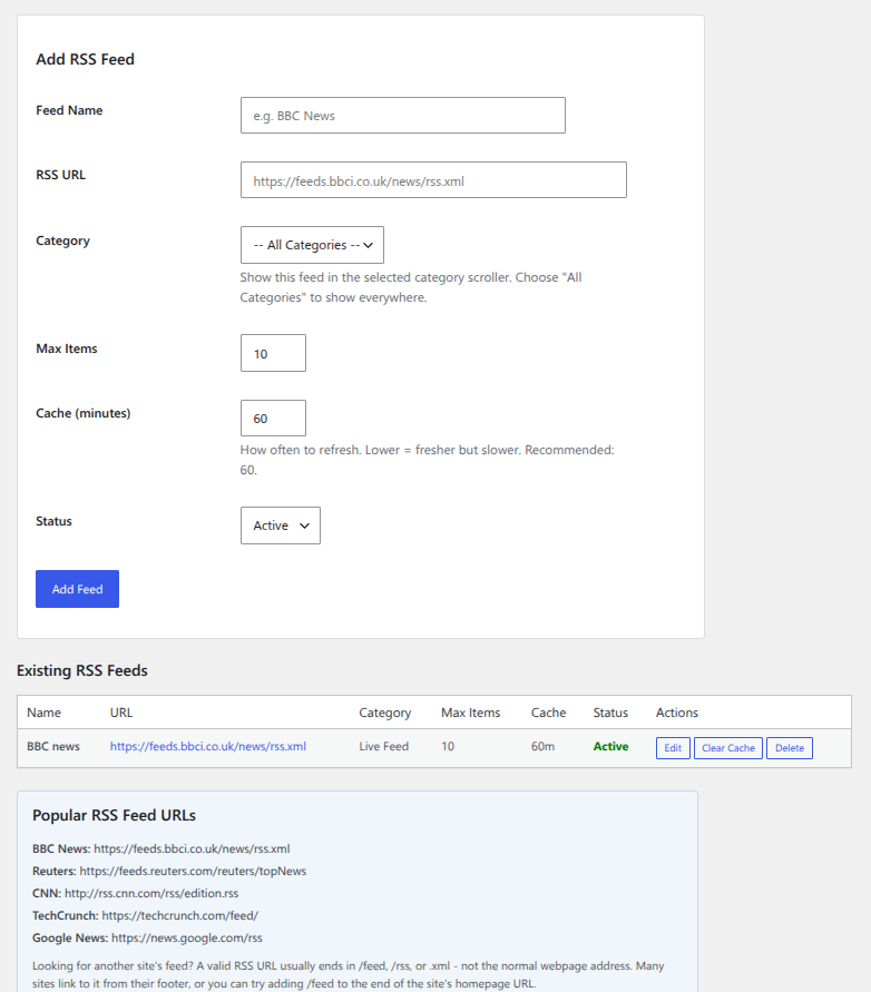 RSS feed management screen in WordPress news scroller plugin showing feed URL and category settings