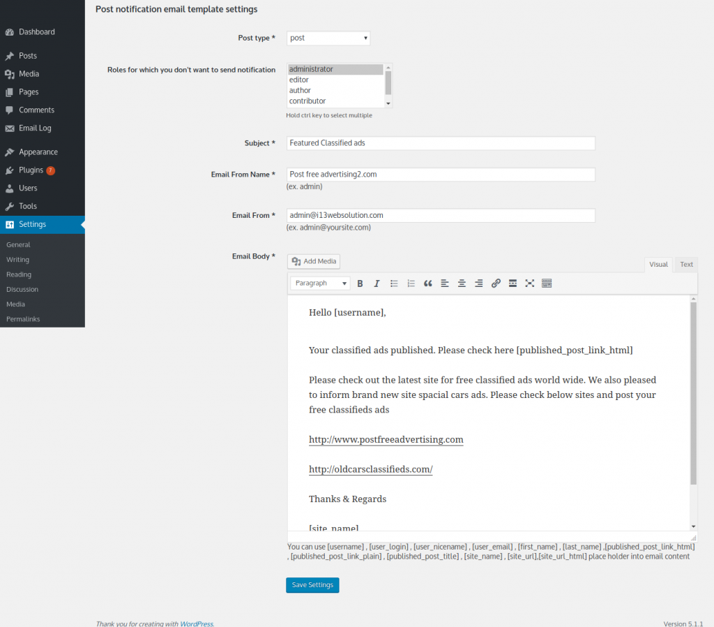 WordPress Publish Post email Notification Pro Plugin - I13 Web Solution