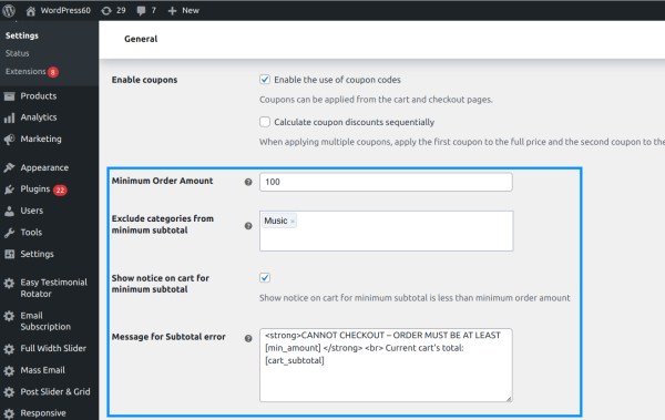 Minimum subtotal for woocommerce-screenshot-1