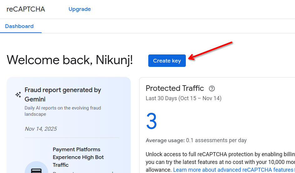Create Key button in the Google reCAPTCHA console