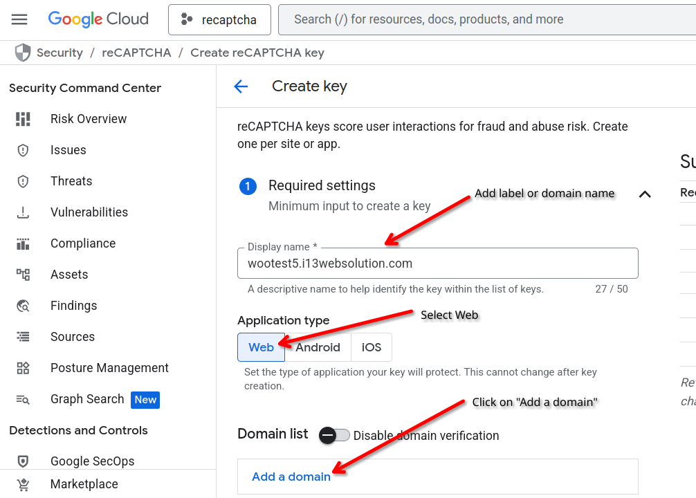 Naming the reCAPTCHA key and selecting the Web platform