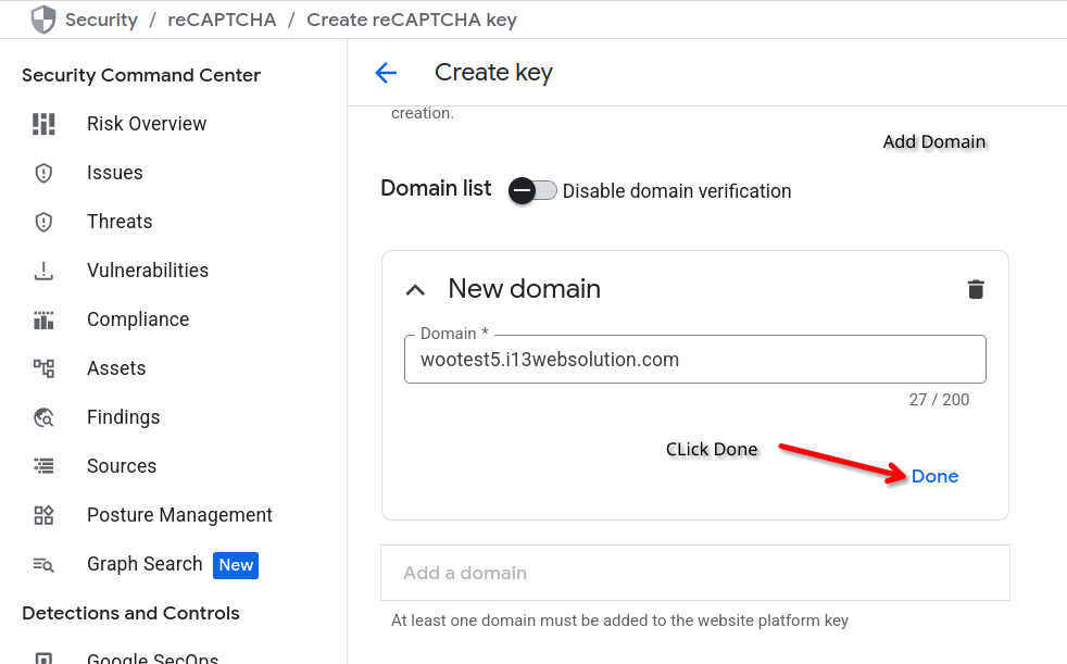 Adding a domain for the reCAPTCHA key