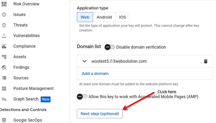 Next Step button in reCAPTCHA key creation