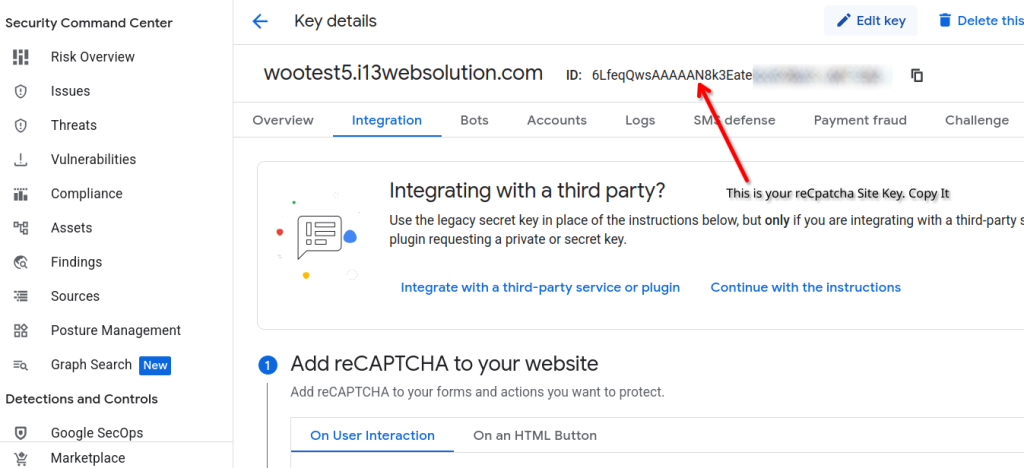 Copying the reCAPTCHA v2 Site Key