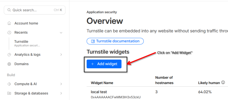 Add Widget button in Cloudflare Turnstile