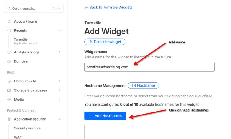 Setting the Turnstile widget name and adding hostnames
