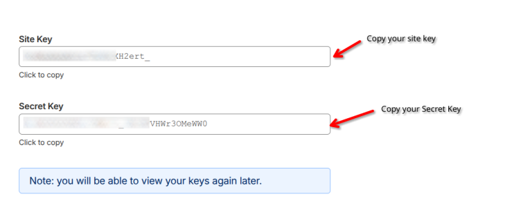 Cloudflare Turnstile Site Key and Secret Key shown after creation