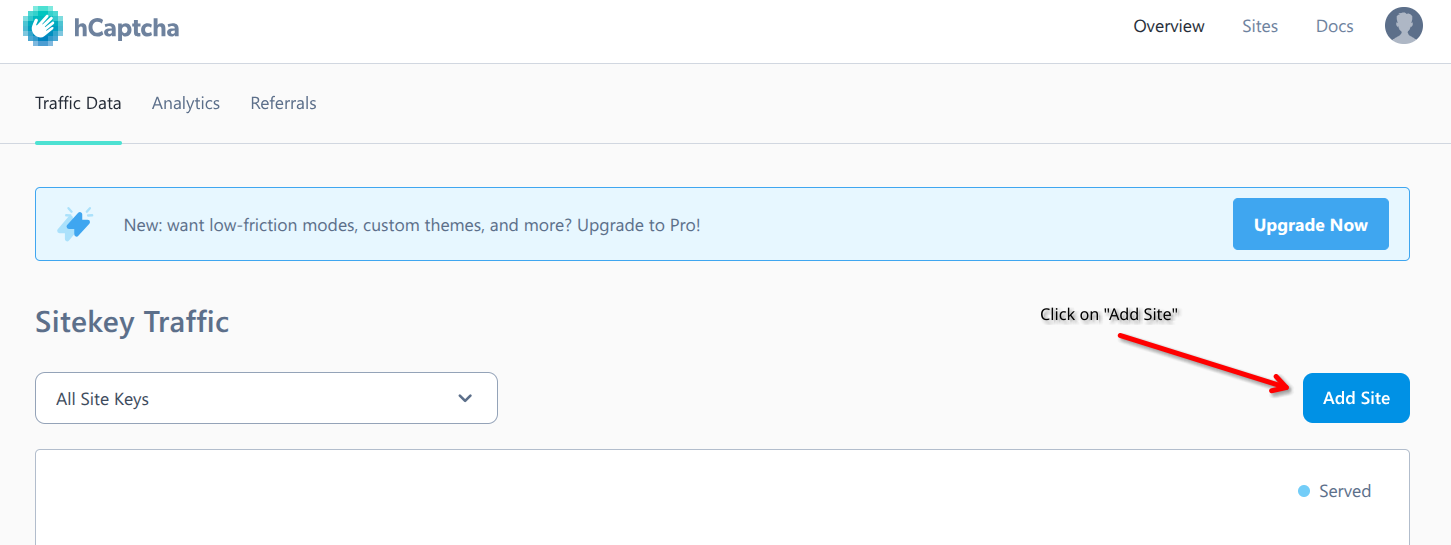Add Site button in the hCaptcha dashboard