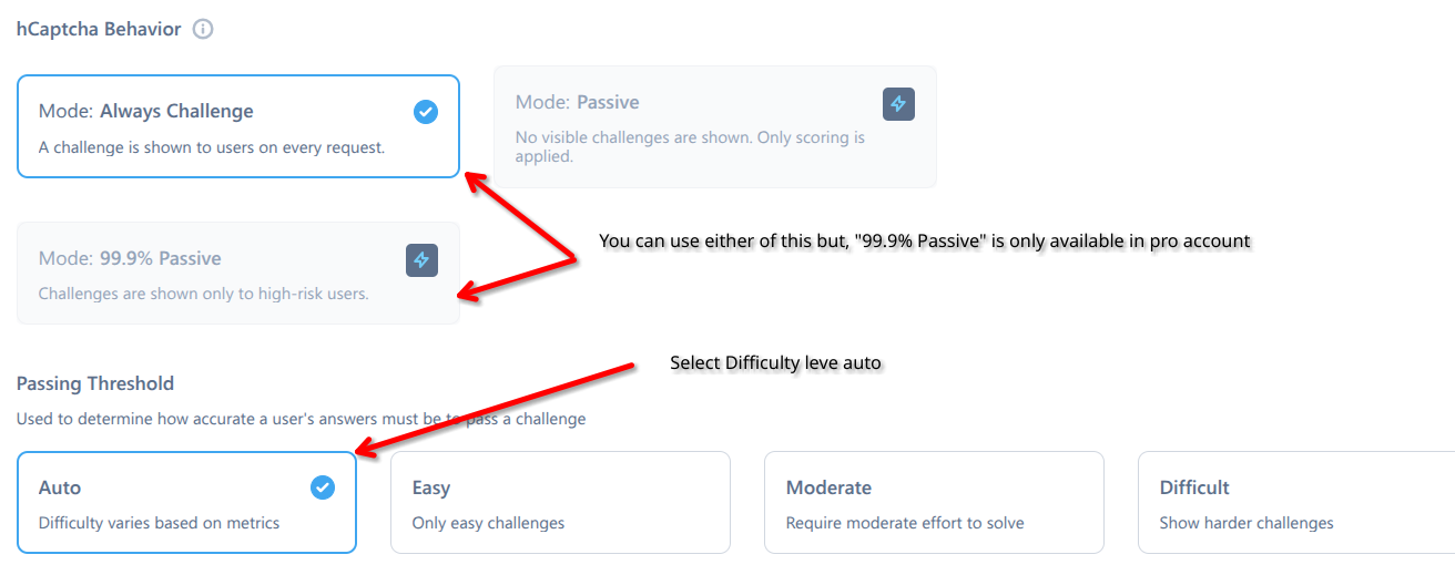 Choosing Always Challenge or 99.9% Passive mode in hCaptcha