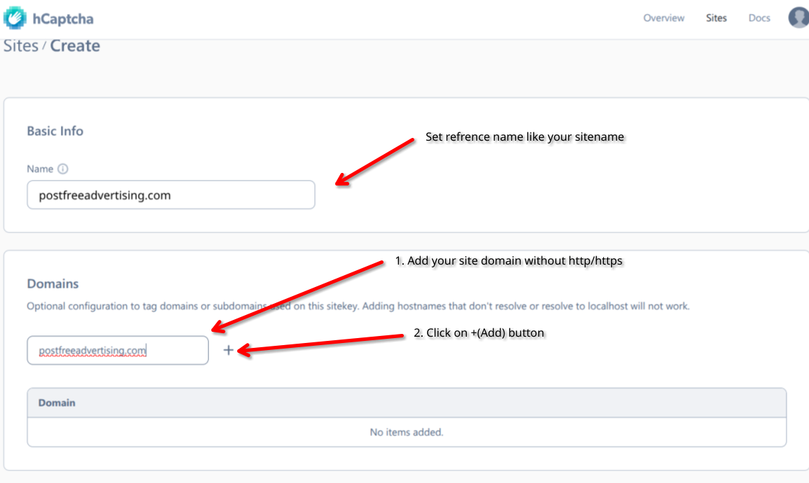 Setting a reference name and adding a domain in hCaptcha
