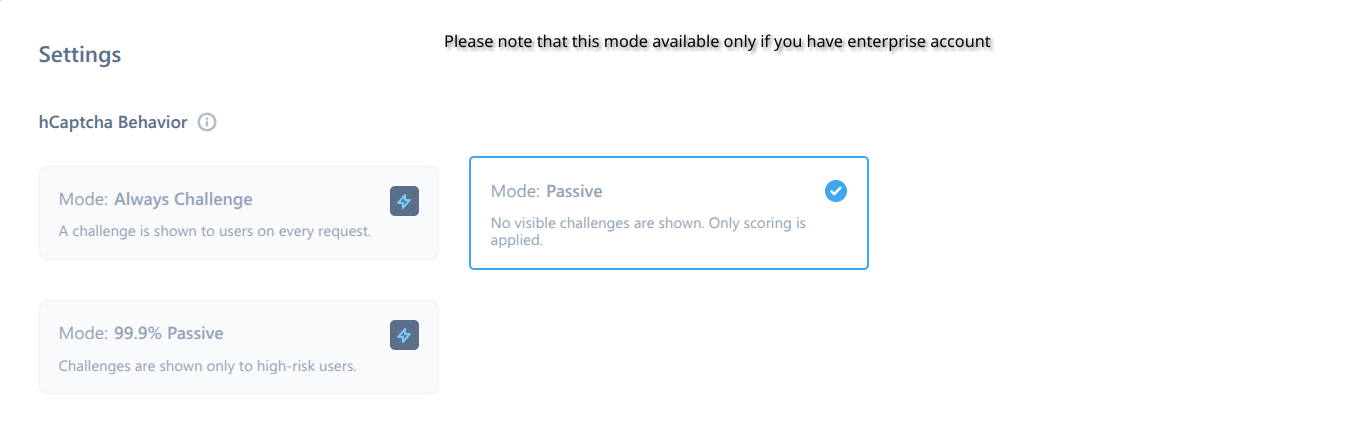 Selecting Passive Mode in hCaptcha site settings