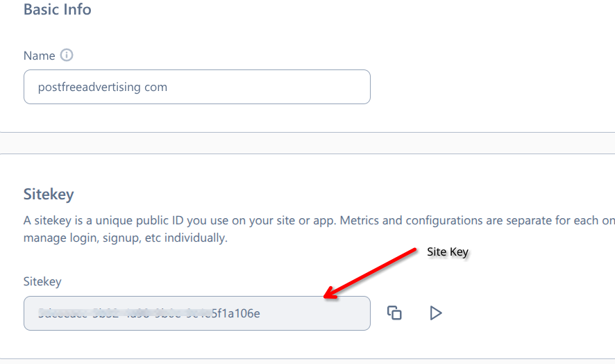 hCaptcha site configuration page showing the Site Key
