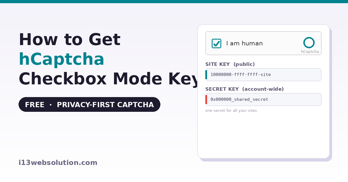 hCaptcha "I am human" checkbox with free Site Key and account-wide Secret Key