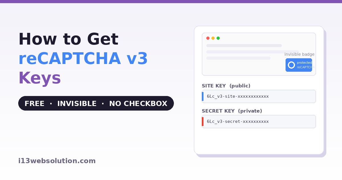 reCAPTCHA v3 invisible badge with free Site Key and Secret Key from Google