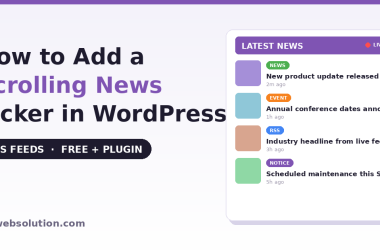 Vertical scrolling news ticker in WordPress showing live RSS headlines with category labels and thumbnails