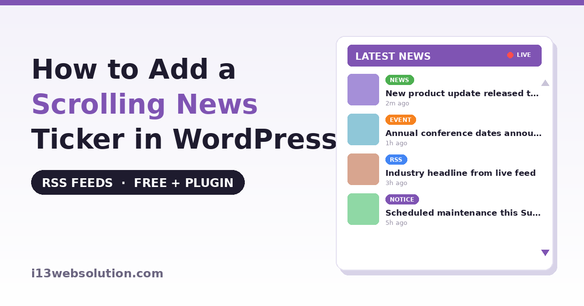Vertical scrolling news ticker in WordPress showing live RSS headlines with category labels and thumbnails