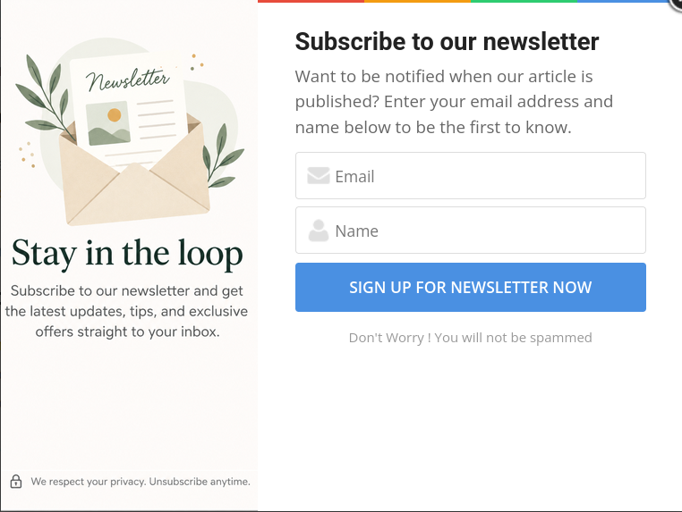 Newsletter signup popup on a WordPress website with email field and GDPR consent checkbox
