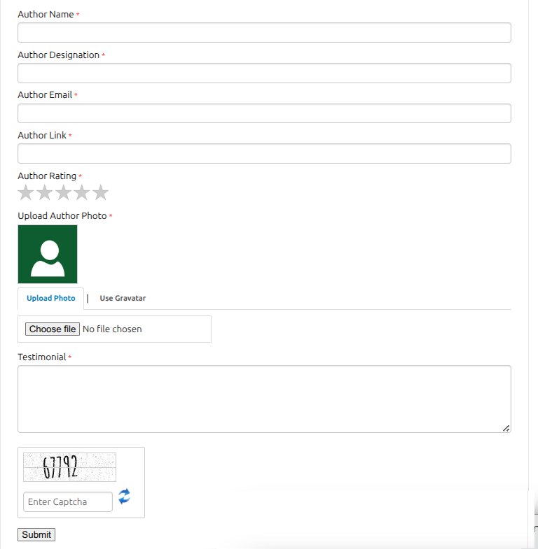 Testimonial submission form on the WordPress frontend