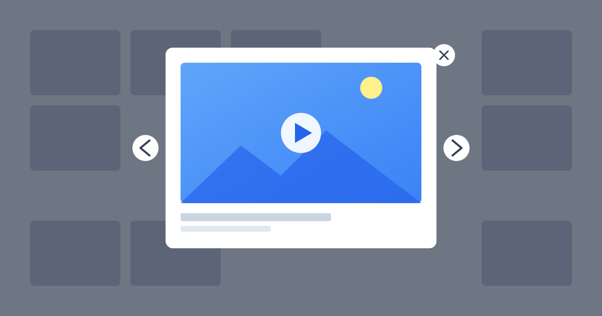 WordPress lightbox popup showing an enlarged image with navigation arrows and play button
