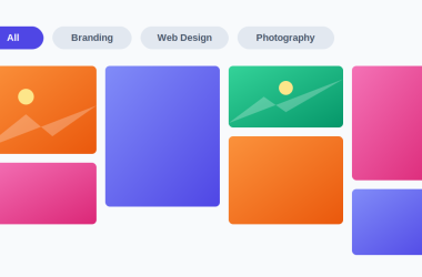 Filterable WordPress portfolio grid with category buttons and a masonry-style image layout