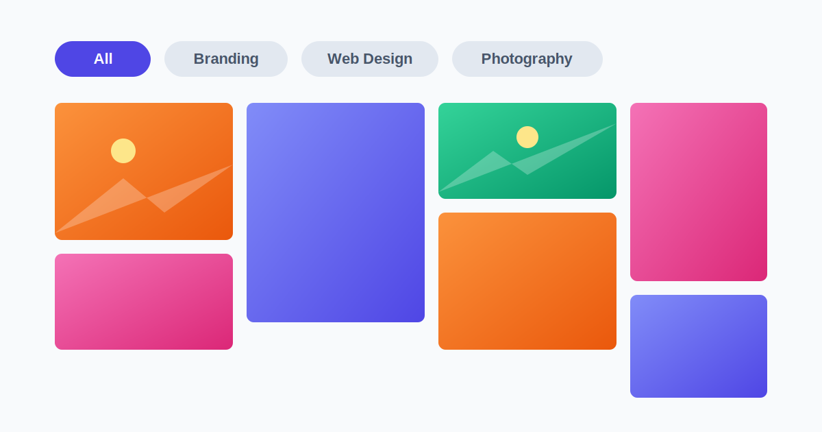 Filterable WordPress portfolio grid with category buttons and a masonry-style image layout
